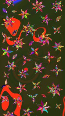 Moda baskıları için zarif bir şablon. Modern çiçek arkaplanı. Parlak renkli çiçekleri ve yeşil ve gri renkte yaprakları olan harika bir çiçek deseni. Halk stili.