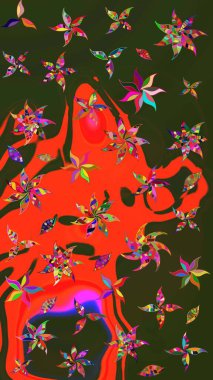 Raster illüstrasyonu. Yeşil ve kırmızı renklere karalamalar çizilmiş çiçek deseni.