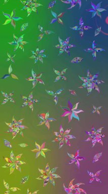 Raster illüstrasyonu. Şirin çiçekli eskiz deseni ve yeşil ve mavi renkli yapraklar, suluboya çiçek deseni, duvar kağıdı, kart veya kumaş için fayanslı.