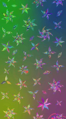 Raster - stok. Yapraklı çiçekler ve yeşil ve mavi renkli papatya çiçekleri. Taslak arkaplan deseni.