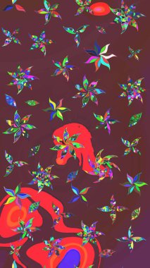 Arkaplan dokusu, duvar kağıdı, kahverengi ve kırmızı renkli çiçek teması. Kabile sanatı boho baskısı, klasik çiçek arkaplanı. Soyut etnik raster çizim kalıbı.