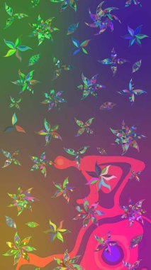 Gömlek baskısı için çiçek boyası. Yeşil ve mor renkli çiçekler. Çiçek eskiz kalıbı geçmişi.