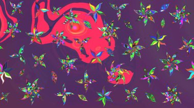 Renkli Bahar Teması eskiz kalıbı. Çiçek desenli eskiz, yaz çiçekleri. Mor ve pembe renkte çiçekler. Düz Çiçek Elementleri Tasarımı.