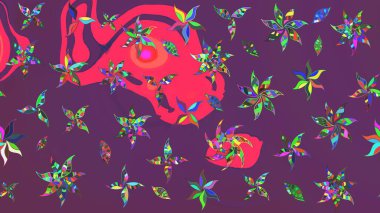 Yumuşak, bahar çiçekleri mor ve pembe renklerde. Raster illüstrasyonu. Yaprak ve çiçeklerin suluboya resmi, mor ve pembe renklerin çizim şekli.