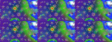 Mavi ve mor renklerde. Raster illüstrasyonu. 3D çiçekler, çizim.