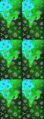 El çizimi çiçek unsurları olan soyut çizim raster deseni. 1950-1960 motifleri. Retro tekstil tasarım koleksiyonu. Yeşil ve mavi, yeşil ve maviye. Çiçekli ipek eşarp..