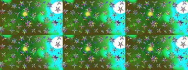 Raster illüstrasyonu. Düz Çiçek Elementleri Tasarımı. Yeşil ve mavi renkte çiçekler. Çiçekli çiçek deseni, suluboya. Renkli Bahar Teması çizim şablonu.