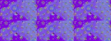 Çiçekli karalama şeklinde Raster çiçek deseni. Yumuşak, bahar çiçekli arka plan. Mor ve yeşil renkte çiçekler.