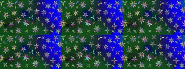 Küçük çiçekli yay deseni çiz. Raster illüstrasyonu. Suluboya tarzında yeşil ve mavi renkler üzerine.