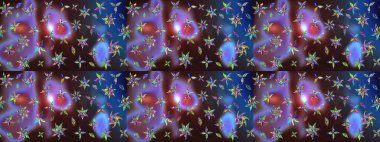 Nakış desenli çiçek deseni. Renkli grunge, soyut arkaplanı, koyu kahverengi ve mavi çiçeklerle süslüyor. İzler, kumaş, duvar kağıtları, tekstil için raster dokusu.