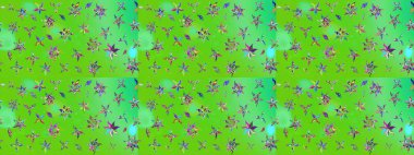 Çiçek desenli eskiz, darbeler, sıçramalar, yaz çiçekleri. Yeşil ve mavi renkte çiçekler. Raster illüstrasyonu.