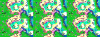 Yeşil ve mavi renkli etnik çiçekli zarif eskiz deseni. Raster Çiçek İllüstrasyonu güzel tekstil..