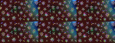 Çiçekli karalama şeklinde Raster çiçek deseni. Yumuşak, bahar çiçekli arka plan. Kahverengi ve mavi renkte çiçekler.