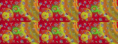 Raster düz çiçek çizim deseni. Hediye ambalaj kağıdı, tebrik kartları, posterler ve pankart tasarımı. Kırmızı ve yeşil renkte çiçekler.