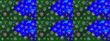 Şirin çiçekli eskiz deseni ve mavi ve yeşil renkli yapraklar, suluboya çiçek deseni, duvar kağıdı, kart ya da kumaş için fayanslı. Raster illüstrasyonu.