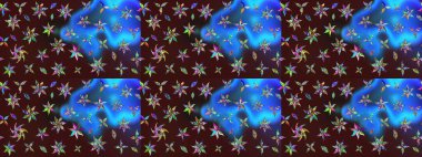 Çiçekli karalama şeklinde Raster çiçek deseni. Yumuşak, yaz çiçekli arka plan. Kahverengi ve mavi renkte çiçekler.