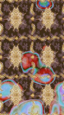 Barok tarzında altın çiçekli süs. Altın çiçekli eskiz deseni. Kahverengi renkte altın bir element. Damask arkaplanı.