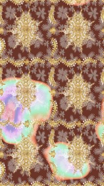 Kahverengi renklerde altın desenler ve altın elementler. Altın şablonu çiz. Raster doğulu süsü.