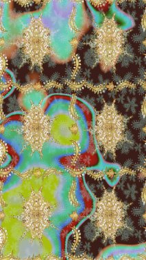 Kahverengi renkte altın bir element. Damask arkaplanı. Altın çiçekli eskiz deseni. Barok tarzında altın çiçekli süs..