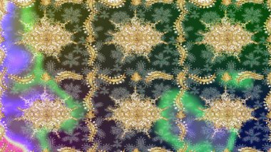 Altın elementli yeşil renkli altın desen. Raster klasik barok çiçek deseni altın rengi. Lüks, kraliyet ve Viktorya dönemi konsepti. Süsleme.