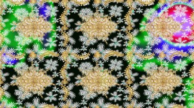 Kart, duvar kağıdı, ambalaj ve tekstil için klasik tasarım. Altın şablon. Raster illüstrasyonu. Siyah renklerin kraliyet retrosu. Klasik çiçek dokusu. Çizim kalıbı altın elementler.