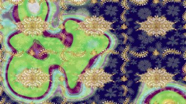 Kıvrımlı çizimler. Raster altın desen. Doğulu stil, altın elementli mavi renkli altın desenli arabesk yapar..