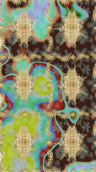 Kahverengi renkte altın bir element. Damask arkaplanı. Altın çiçekli eskiz deseni. Barok tarzında altın çiçekli süs..