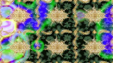 Altın elementlerle yeşil renklerde altın desen. Raster oryantal süs. Geleneksel klasik altın desen. Barok tarzında eskiz doğulu süsü..