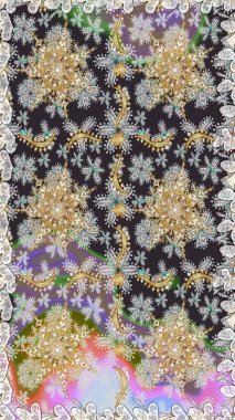 Raster illüstrasyonu. Dekoratif simetri arabesk. Kusursuz ortaçağ çiçek deseni. Gri renklerde altın. Doğum günü, davetiye ya da afiş için tebrik kartı.