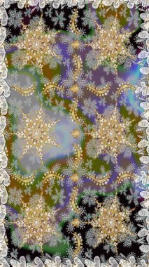 Tekrarlayan elementlerle soyut arkaplan oluşturun. Raster illüstrasyonu. Kusursuz damaske klasik altın desen. Gri renklerde altın desenli altın elementler.