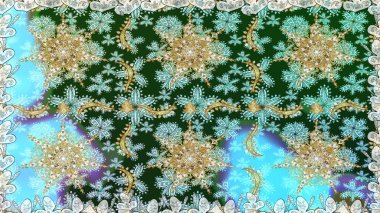 Barok tarzında altın çiçekli süs. Mavi renklerdeki altın element. Damask kusursuz yinelenen arkaplan. Doku arkaplanı üzerine altın duvar kağıdı.