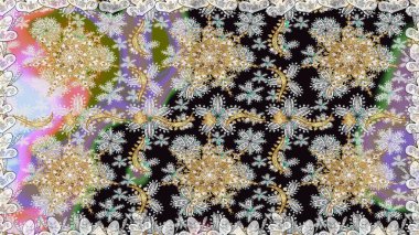 Kusursuz raster arka plan. Gri renklerdeki altın elementler. Duvar kâğıdı barok, İspanyol kumaşı. Şık bir grafik desen. Çiçek deseni.