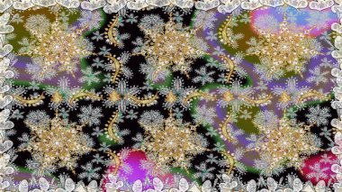 Altın antika ortaçağ dekoratifi, yapraklar ve gri renkli altın desenli süslemeleri olan pürüzsüz bir şablon. Kusursuz kraliyet lüksü, altın barok kumaş rengi..