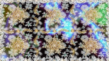 Altın şablon. Kart, duvar kağıdı, ambalaj ve tekstil için klasik tasarım. Kusursuz desenli altın elementler. Tarafsız renklerde Royal retro. Klasik çiçek dokusu. Raster illüstrasyonu.