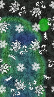 Raster suluboya çiçek deseni, narin çiçekler, yeşil ve gri çiçekler, tebrik kartı şablonu. Güzel kumaş deseni.