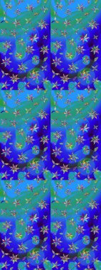 Mavi ve yeşil renkte etnik çiçeklerle süslenmiş zarif bir eskiz şekli. Raster Çiçek İllüstrasyonu güzel tekstil..