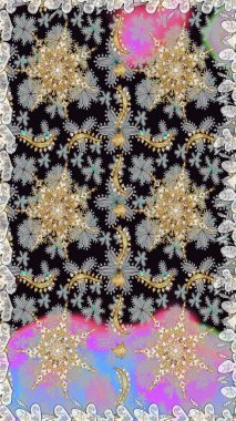 Doğu tarzında klasik tasarım öğesi. Geleneksel Arap dekoru gri, siyah renkler. Çiçekli süslemeli, pürüzsüz bir desen. Duvar kâğıdı için altın süslü bir illüstrasyon. Süslü dantel iz sürücü