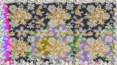 Kına dövmeli süs çiçekleri, altın çıkartmalar, mehndi ve yoga tasarımı, kartlar ve parmak izleri. Gri ve nötr renklerde desen. Raster altın mehndi kusursuz desen.