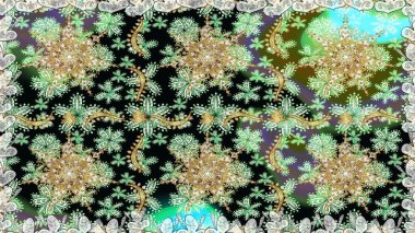 Doğu tarzında klasik tasarım öğesi. Çiçekli süslemeli, pürüzsüz bir desen. Geleneksel Arap dekoru yeşil renklerde. Duvar kâğıdı için altın süslü bir illüstrasyon. Süslü dantel iz sürücü.