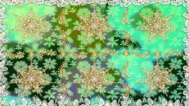 Geleneksel Arap dekoru yeşil renklerde. Duvar kâğıdı için altın süslü bir illüstrasyon. Süslü dantel iz sürücü. Çiçekli süslemeli, pürüzsüz bir desen. Doğu tarzında vintage tasarım ögesi.