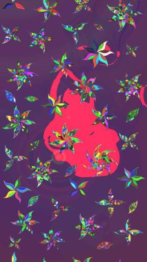 Raster illüstrasyonu. Şirin çiçekli eskiz deseni ve mor ve mor renkli yapraklar, suluboya çiçek deseni, duvar kağıdı, kart veya kumaş için fayanslı.