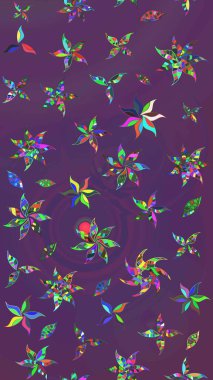 Elle çizilmiş çiçek desenli Raster çizimi. Mor ve mor arka planda. Tekstil, kumaş, ambalaj, hatıra defteri için hoş bir çiçek arkaplanı. Çocuksu tasarım.