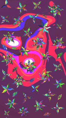 Mor ve pembe renkte etnik çiçeklerle süslenmiş zarif bir eskiz şekli. Asya Tekstil 'inde Raster Çiçek İllüstrasyonu.