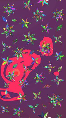 Çiçek duvar kağıdı. Çizim kalıbı. Hint süsü. Renkli süs kenarı. Mor ve pembe renklerde. Raster illüstrasyonu.