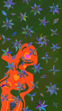 Raster illüstrasyonundaki çiçek desenli çizim. Yeşil ve turuncu renkte çiçekler.