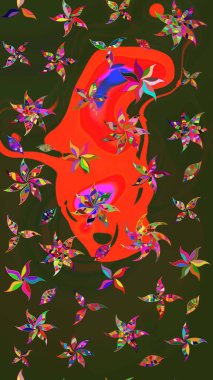 Gri ve yeşil kıvırcık çiçekler gri ve yeşil renklerde şekillenir. Klasik çiçek tasarımı elementleri. Raster illüstrasyonu.