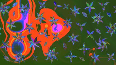 Nakış desenli çiçek deseni. Renkli grunge, koyu yeşil ve turuncu çiçeklerle soyut bir arka plan oluşturur. İzler, kumaş, duvar kağıtları, tekstil için raster dokusu.