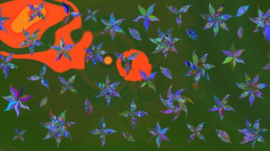 Vintage flowers. Hand drawn abstract fancy elements. Summer blooming theme. Green and orange colors. Watercolor painting imitation Raster illustration.