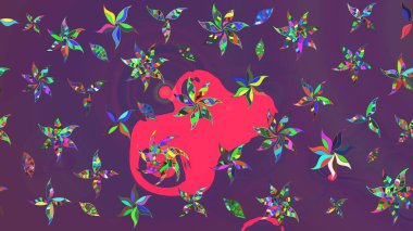 Raster illüstrasyonu. Şirin çiçekli eskiz deseni ve mor ve mor renkli yapraklar, suluboya çiçek deseni, duvar kağıdı, kart veya kumaş için fayanslı.