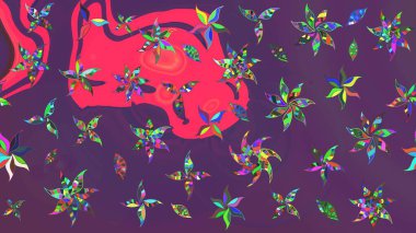 Raster Floral Illustration, Asyalı tekstil. Mor ve pembe renkli etnik çiçeklerle zarif bir eskiz deseni..